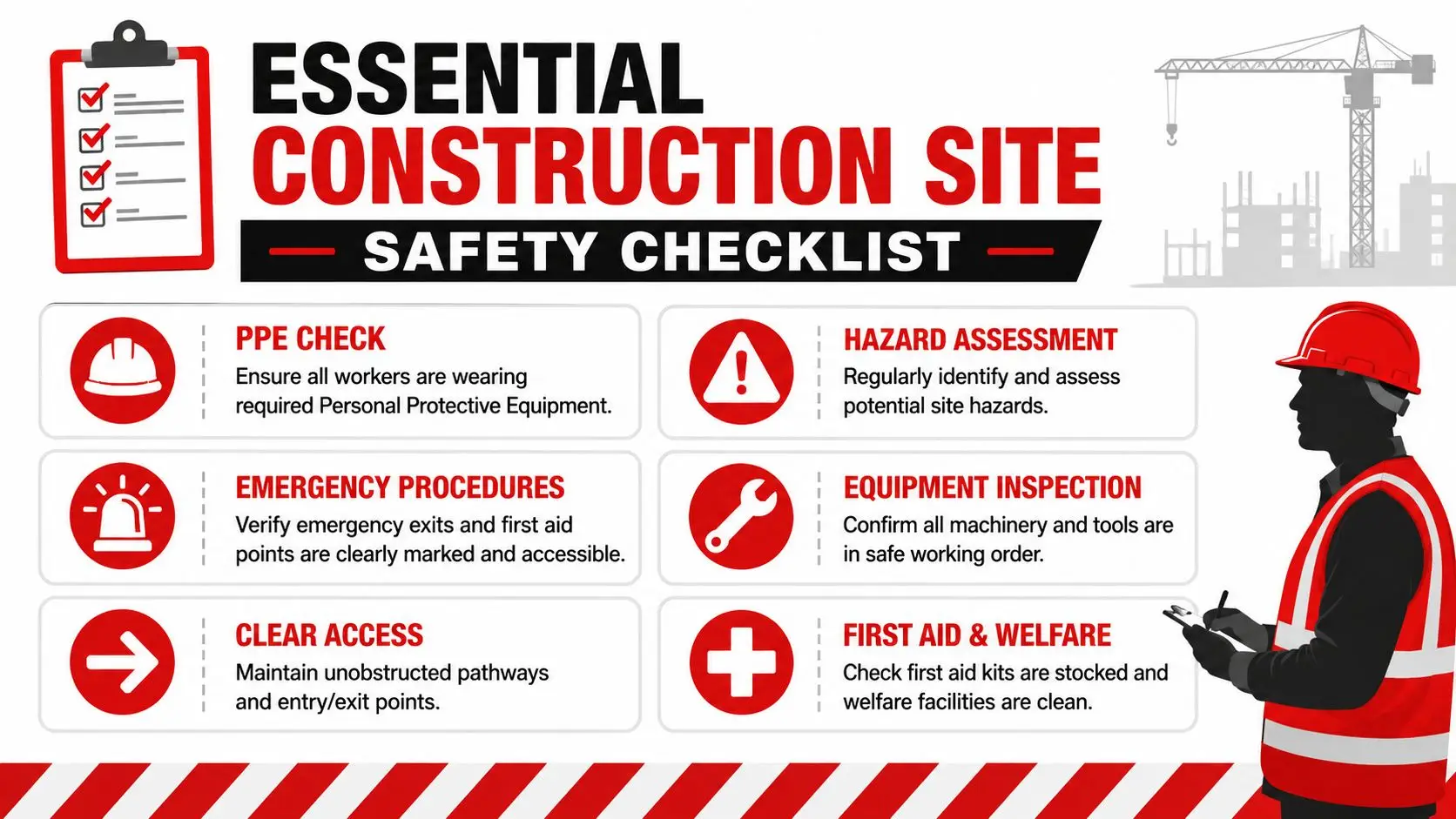 Construction Site Safety Rules and Regulations PDF Guide 3 An infographic titled essential construction site safety checklist displaying safety tips for workers in construction areas.