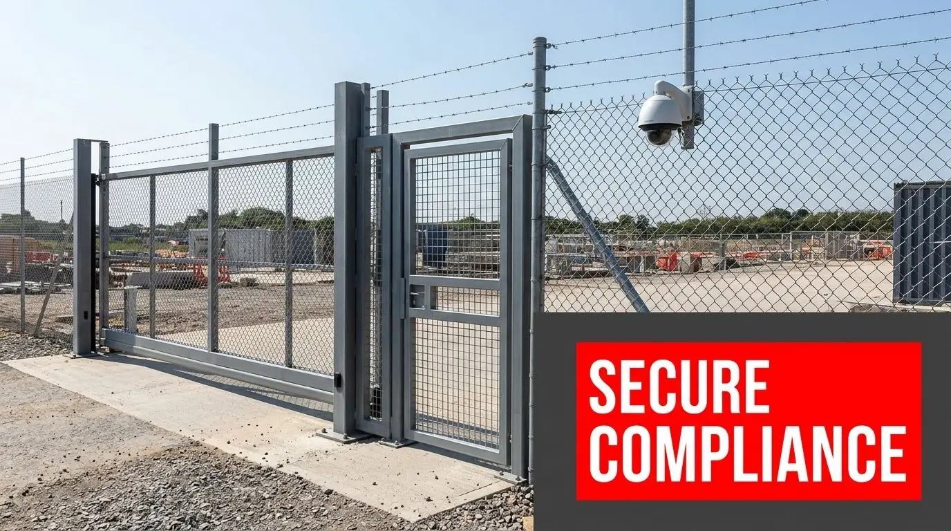 Construction Site Safety Rules and Regulations PDF Guide 4 A modern industrial security gate with chain-link fencing, barbed wire, and a surveillance camera at a construction site.