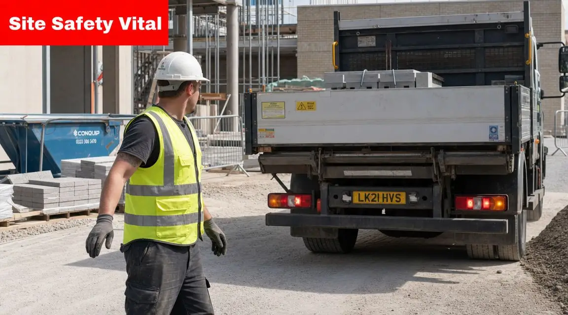 A construction worker in a high-visibility vest and hard hat guiding a truck on a building site.