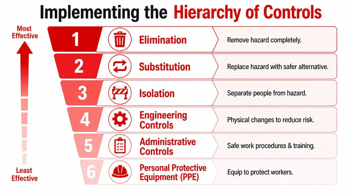 A chart showing the hierarchy of controls for workplace safety, ranked from most effective to least effective.
