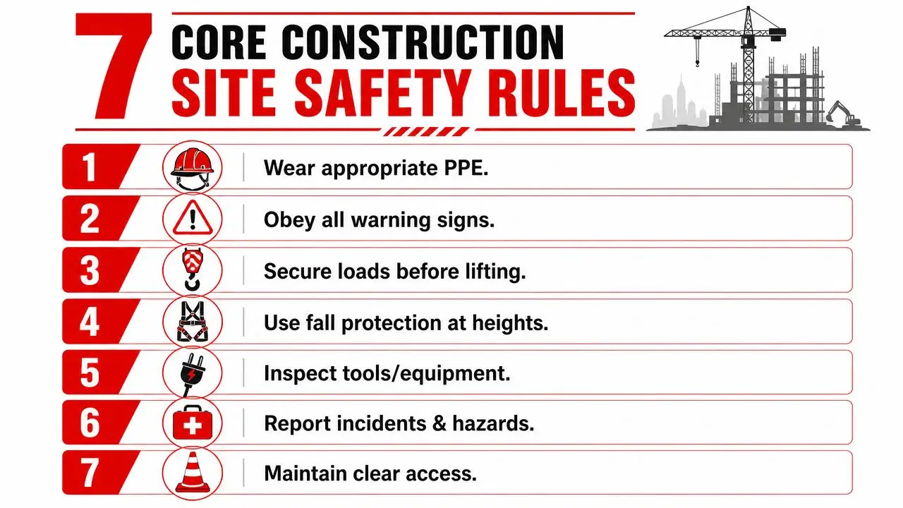 A safety poster detailing seven core construction site rules with corresponding icons for each safety guideline.