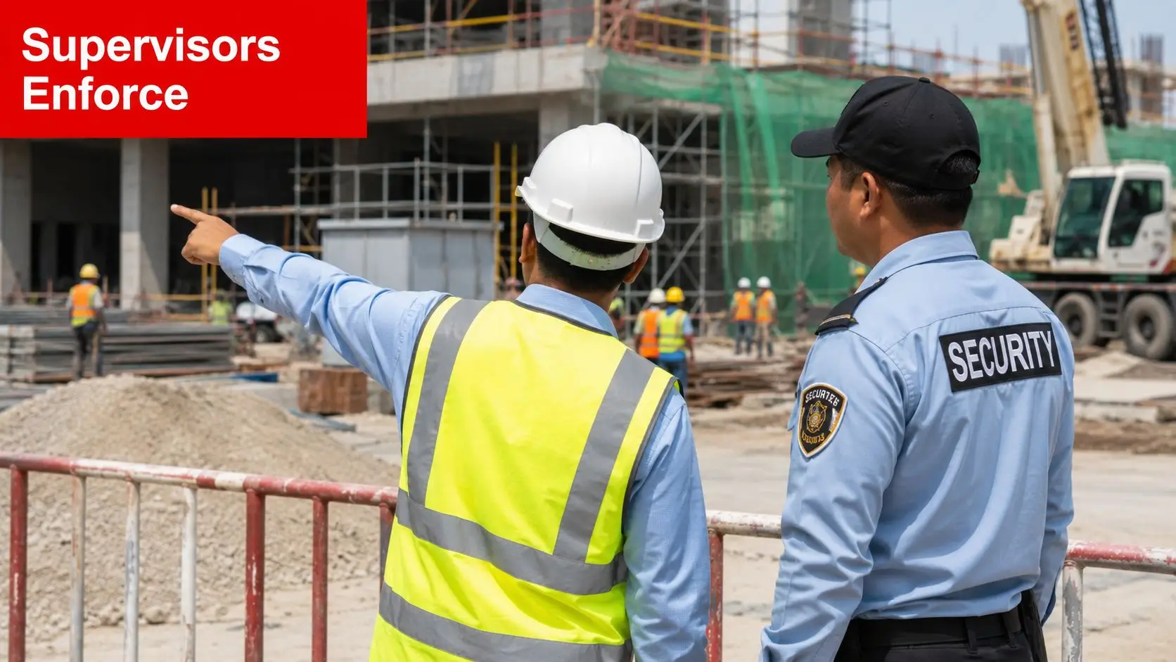 A construction supervisor and a security guard overlooking a busy active construction site.