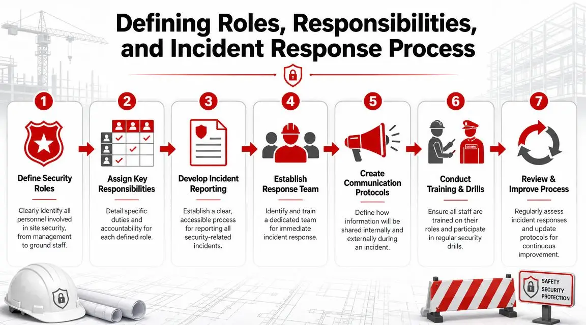 Free Construction Site Security Plan PDF: 2026 Template 4 An infographic showing seven numbered steps for defining security roles and incident response processes in construction.