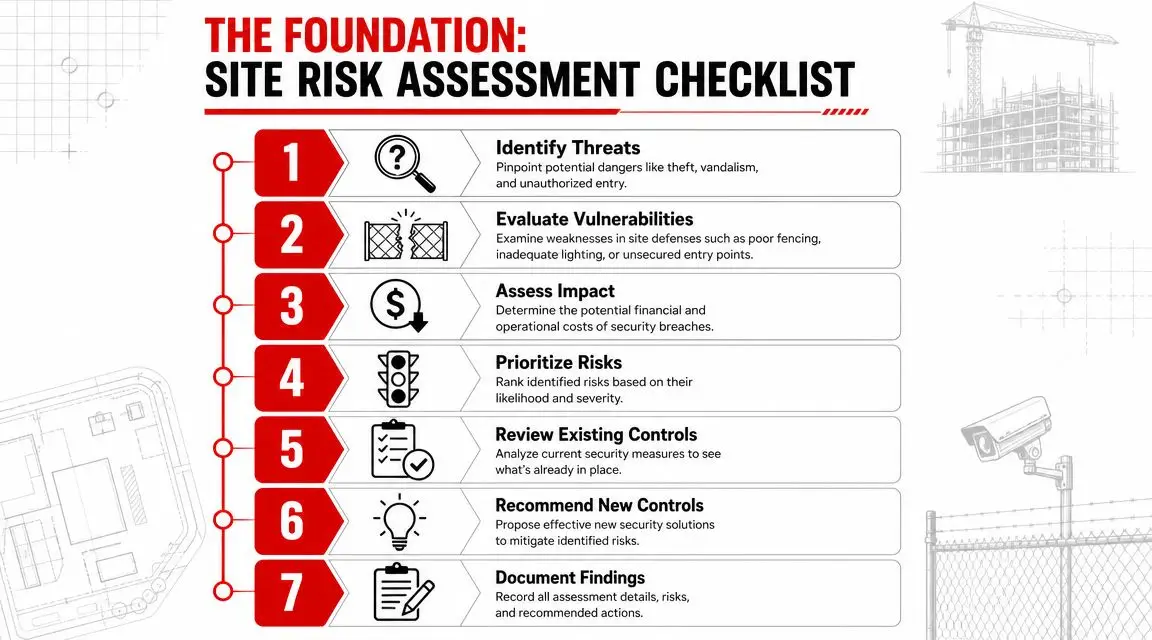 Free Construction Site Security Plan PDF: 2026 Template 2 A checklist infographic titled The Foundation: Site Risk Assessment showing seven steps for construction site security.