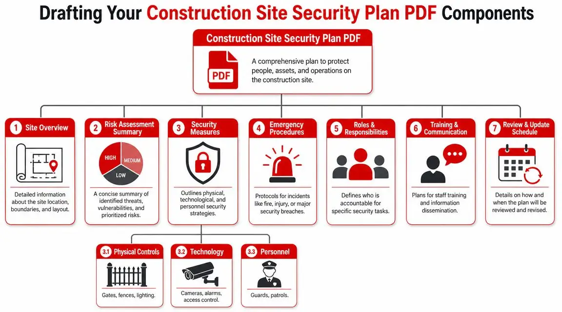 Free Construction Site Security Plan PDF: 2026 Template 3 A diagram outlining the seven key components of a professional construction site security plan PDF.