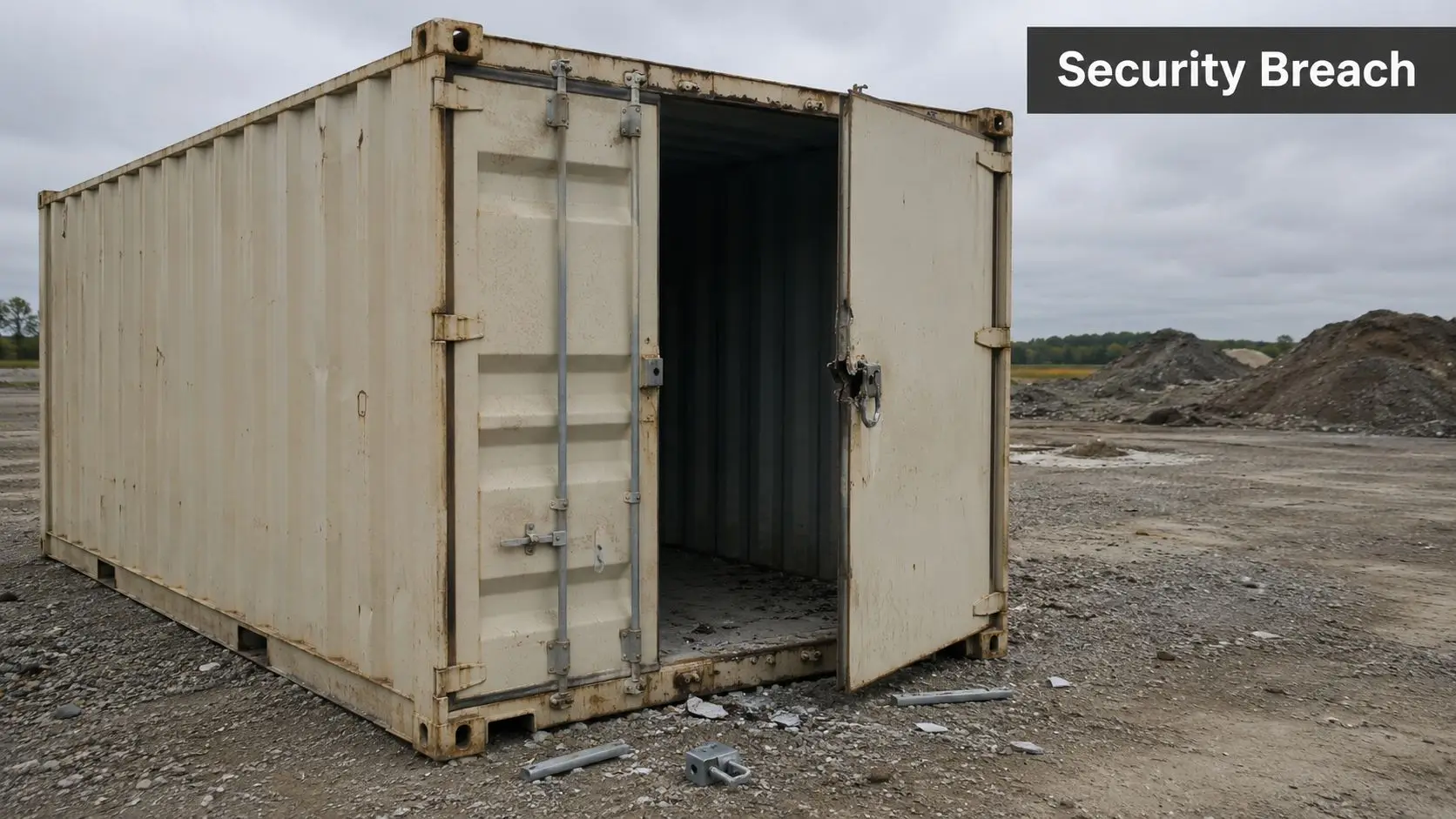 Free Construction Site Security Plan PDF: 2026 Template 1 A beige shipping container with a broken lock mechanism on an open door at a construction site.