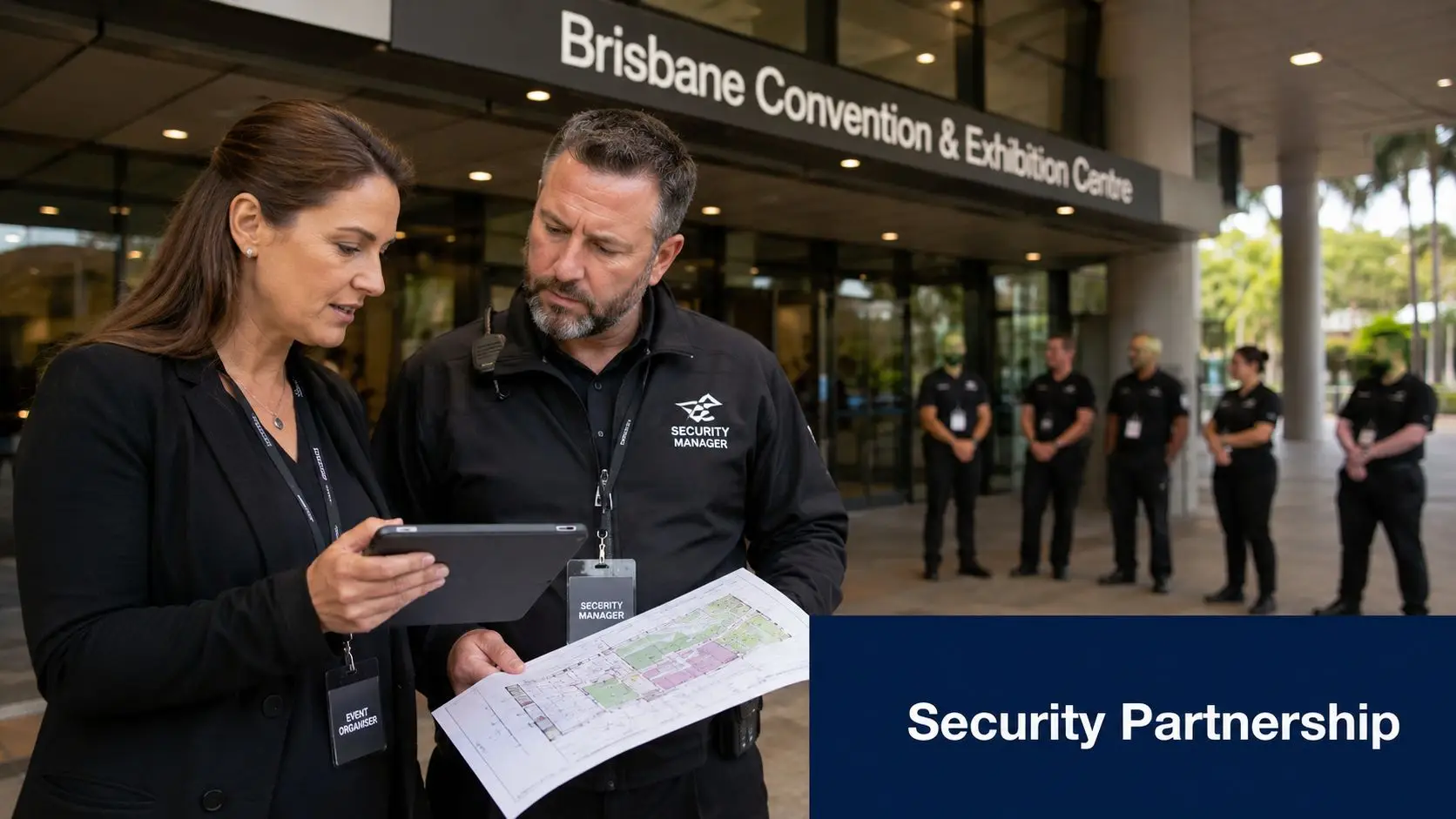 7 Unbeatable Tips for Choosing the Best Security Company Brisbane in 2026 1 An event organiser and a security manager reviewing plans outside the Brisbane Convention and Exhibition Centre.
