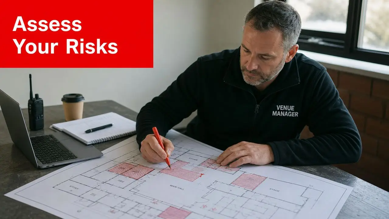 7 Unbeatable Tips for Choosing the Best Security Company Brisbane in 2026 2 A professional venue manager wearing a black uniform reviewing floor plans with a red marker pen.