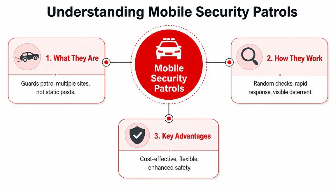 Expert Security Patrols Perth: Your 2026 Guide 1 A diagram explaining mobile security patrols including their definition, working mechanism, and key advantages for property safety.
