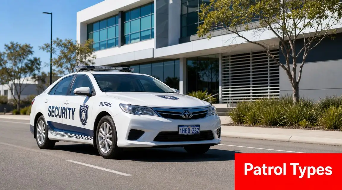 Expert Security Patrols Perth: Your 2026 Guide 2 A white Toyota patrol car parked in front of a modern commercial office building in Perth.