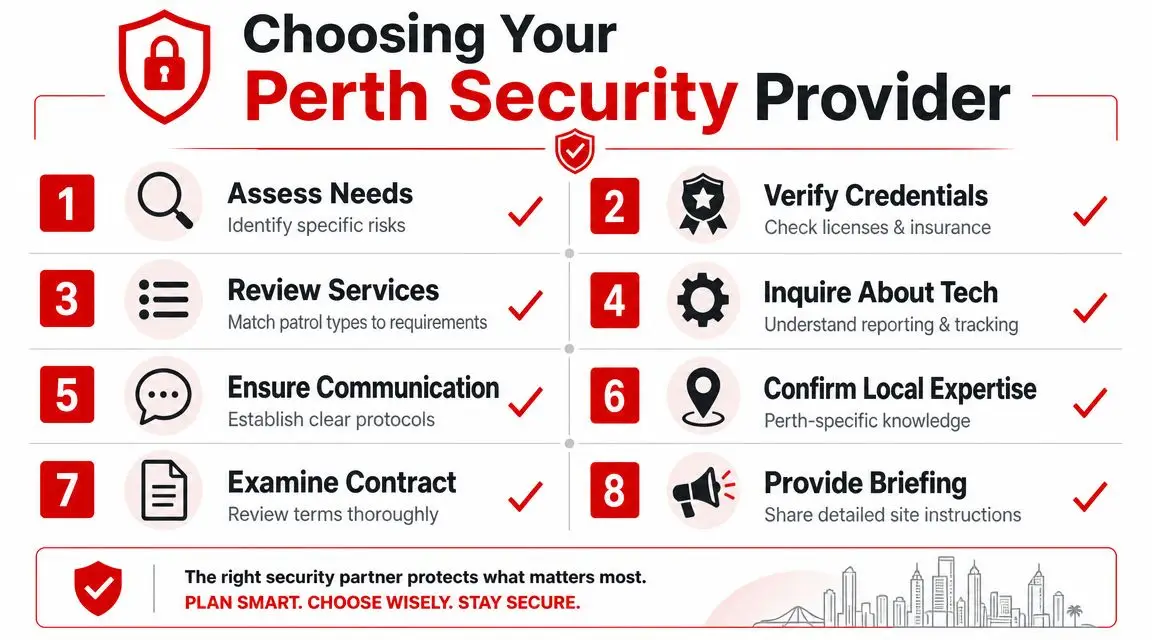 Expert Security Patrols Perth: Your 2026 Guide 4 An infographic titled Choosing Your Perth Security Provider outlining eight essential steps for selecting professional security services.
