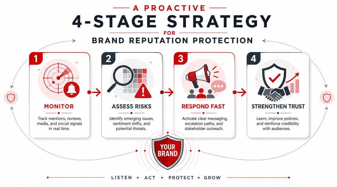 5 Critical Steps for Flawless Brand Reputation Protection 3 A four-stage strategy infographic illustrating steps to proactive brand reputation protection through monitoring, assessing, responding, and strengthening.