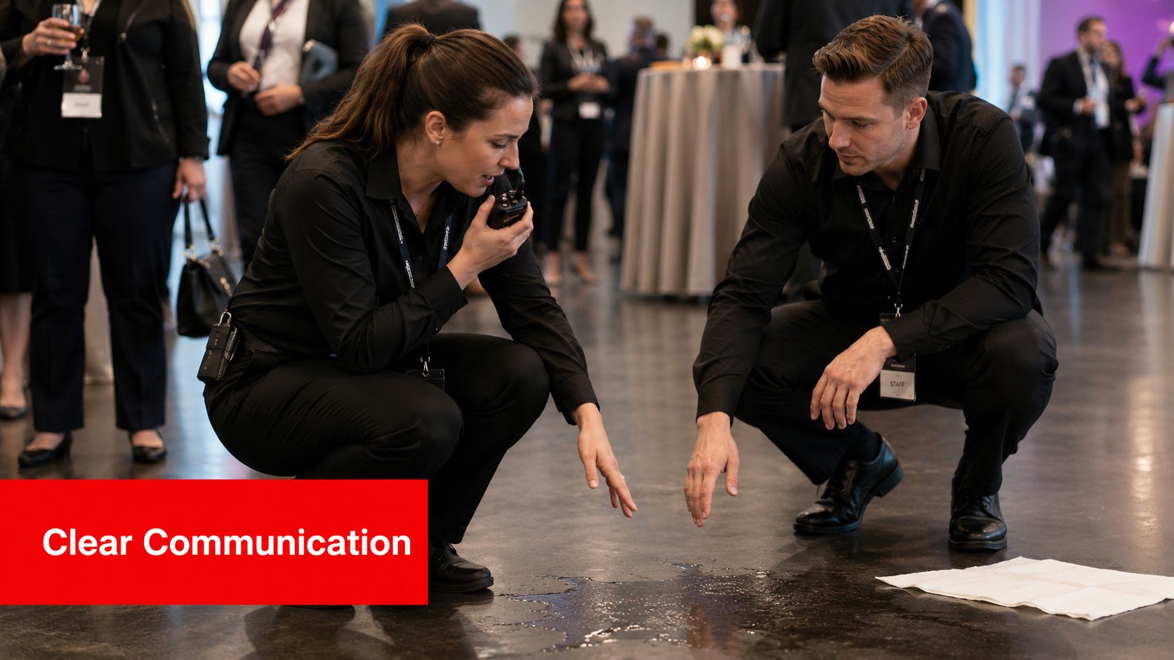 Two event staff members crouch down to inspect a wet spill on a conference center floor.