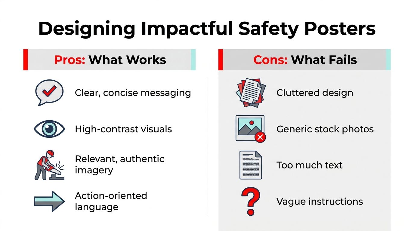Effective Construction Site Safety Posters Guide 2026 2 An infographic titled Designing Impactful Safety Posters listing effective design pros and ineffective design cons.