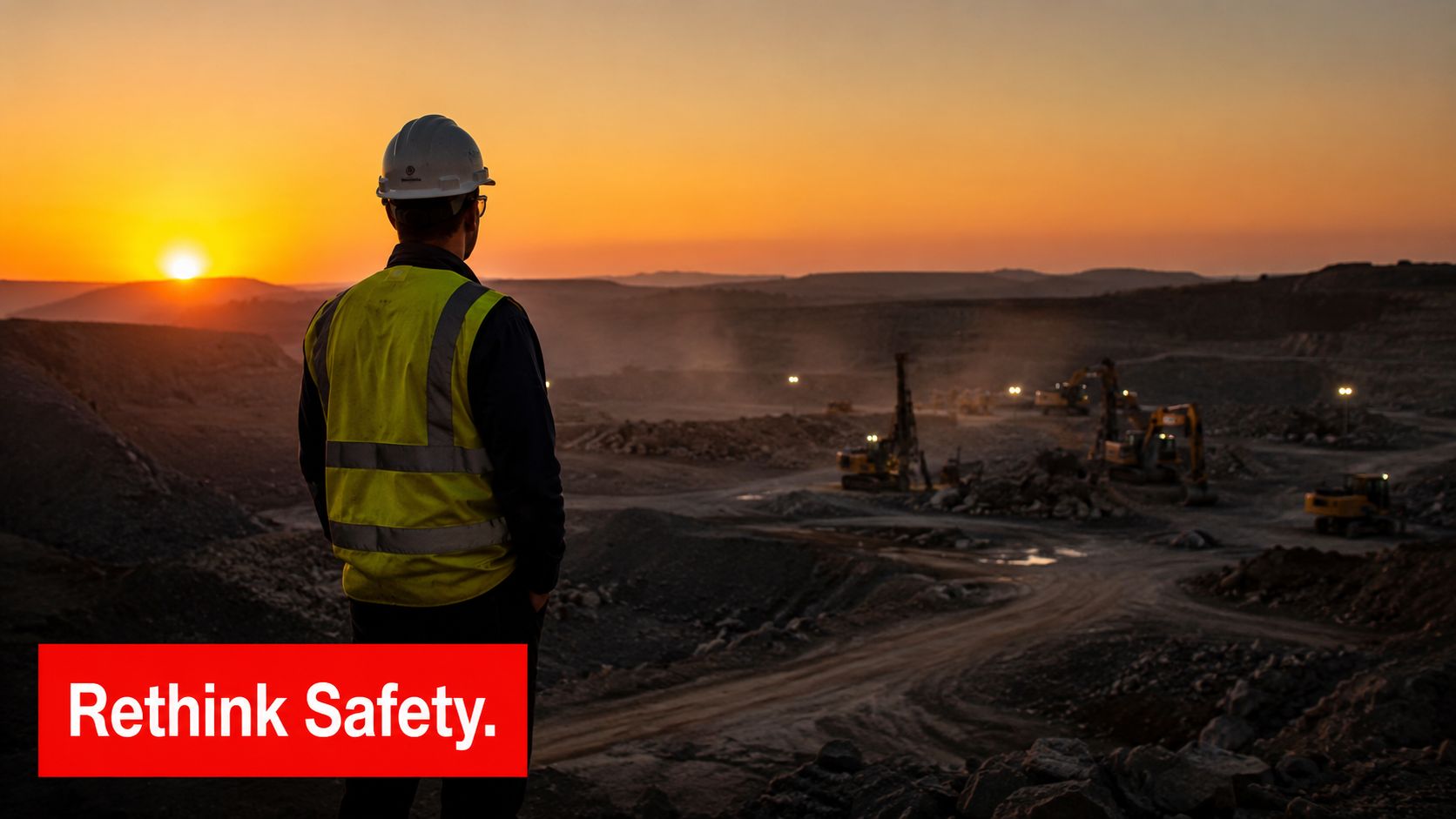 Effective Construction Site Safety Posters Guide 2026 1 A construction site supervisor wearing a hard hat and high visibility vest looks over a quarry at sunset.