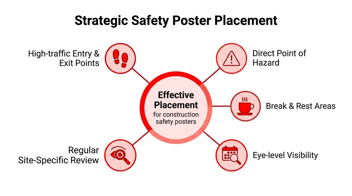 Effective Construction Site Safety Posters Guide 2026 3 A diagram illustrating five strategic locations for effective placement of construction site safety posters for workplace awareness.