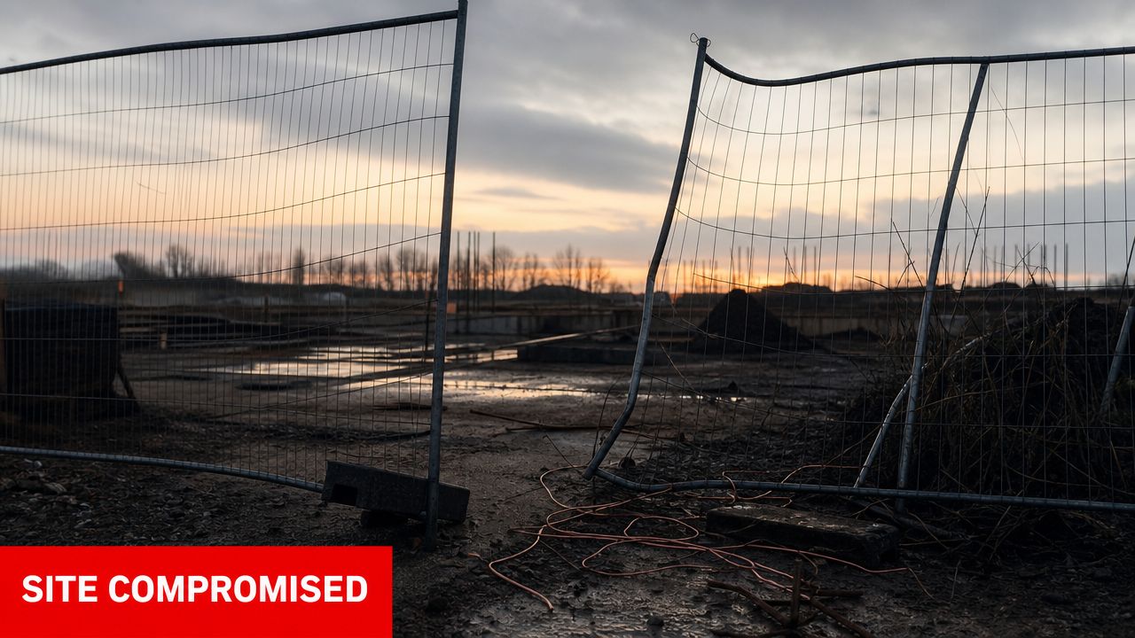 A damaged wire fence standing at the entrance of a muddy and abandoned construction site during sunset.