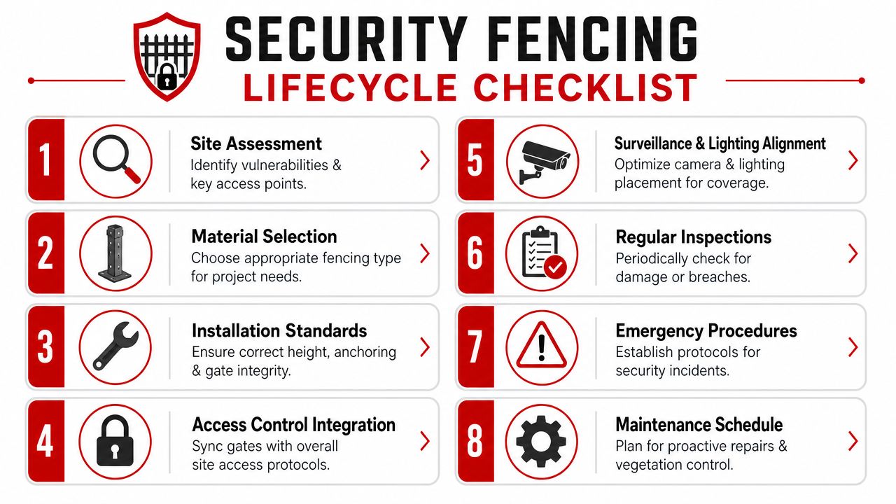 An infographic titled Security Fencing Lifecycle Checklist outlining eight essential steps for secure site perimeter management.