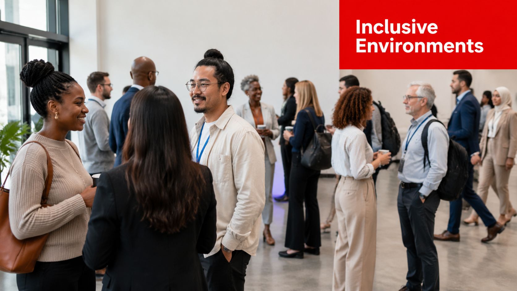 A diverse group of professionals networking and talking together in a modern, bright office event space.