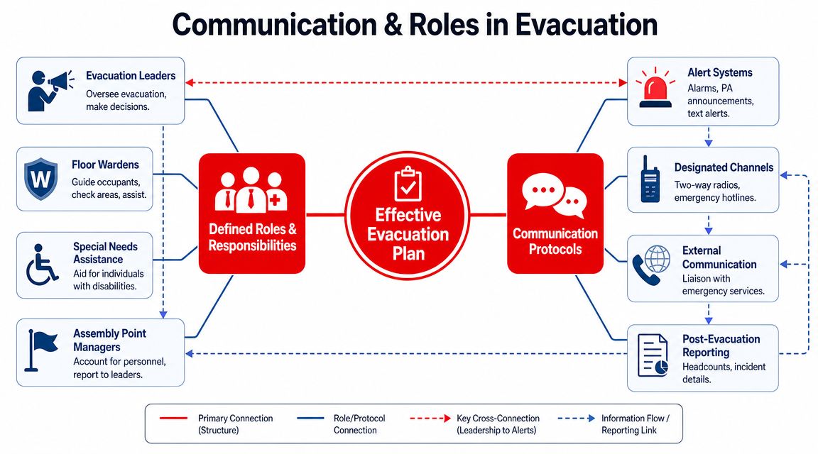 A diagram illustrating roles and communication protocols for an effective workplace emergency evacuation plan and procedures.