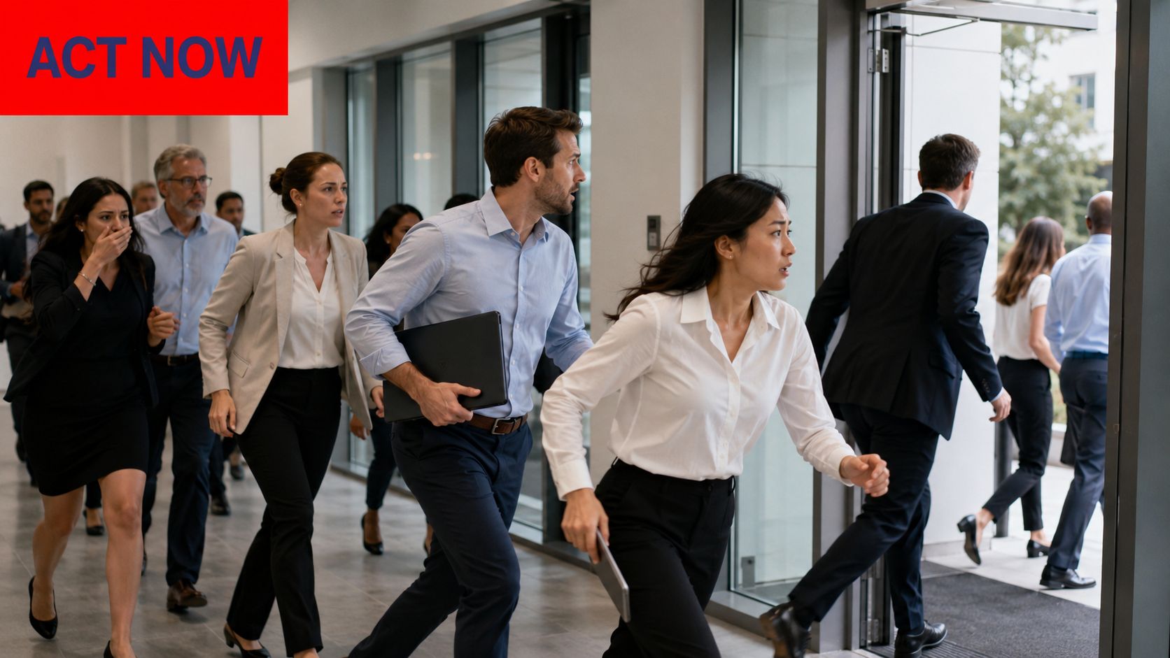 A group of office employees quickly evacuating a building through an open doorway during an emergency.