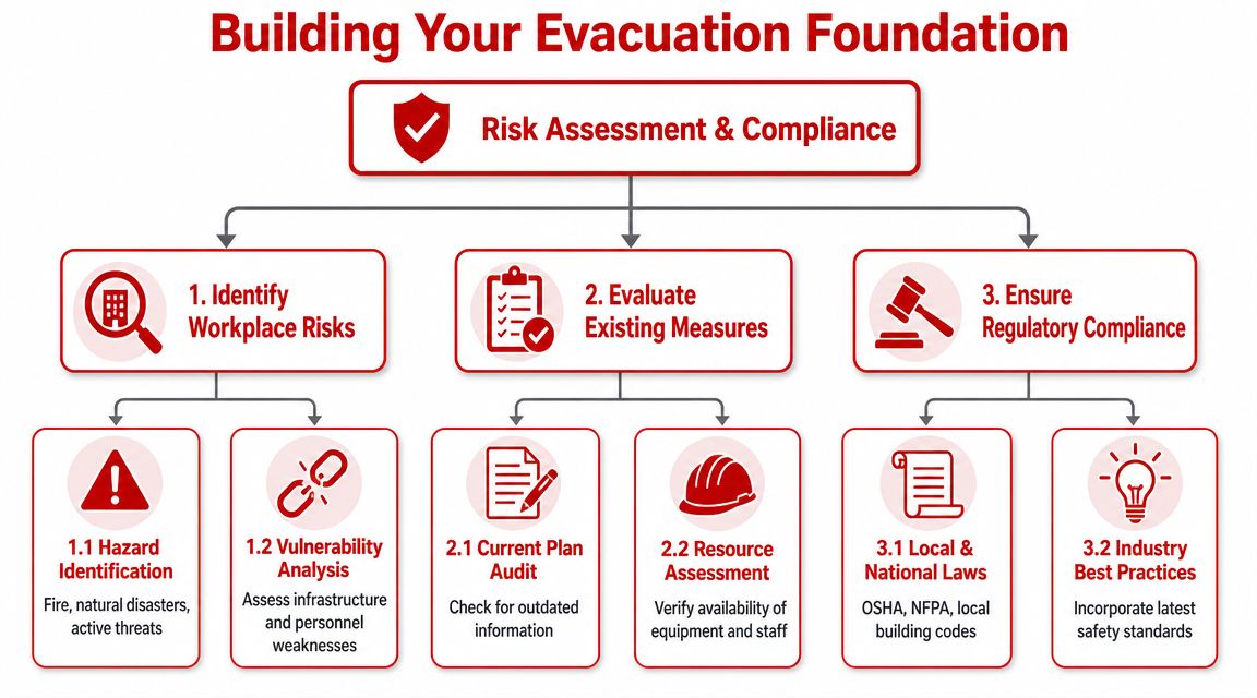 A flowchart titled Building Your Evacuation Foundation showing steps for risk assessment and safety compliance.