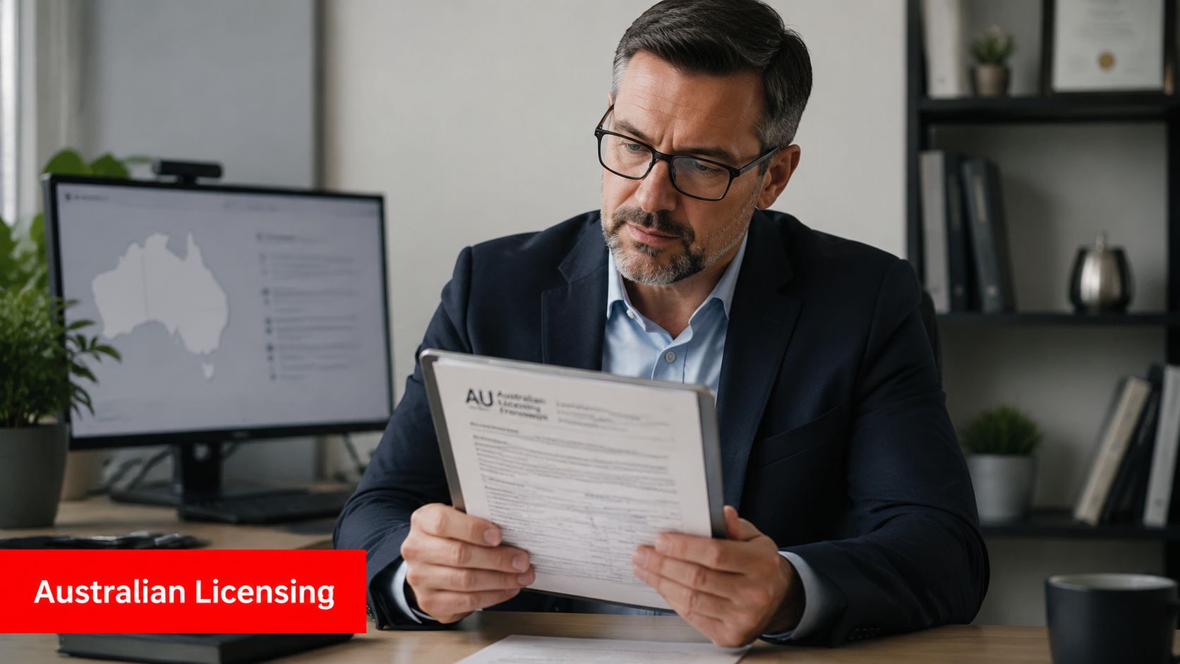 Executive Security Solutions: A Guide to Protecting Your 3 A professional man in a business suit reviewing important Australian licensing documents at his office desk.