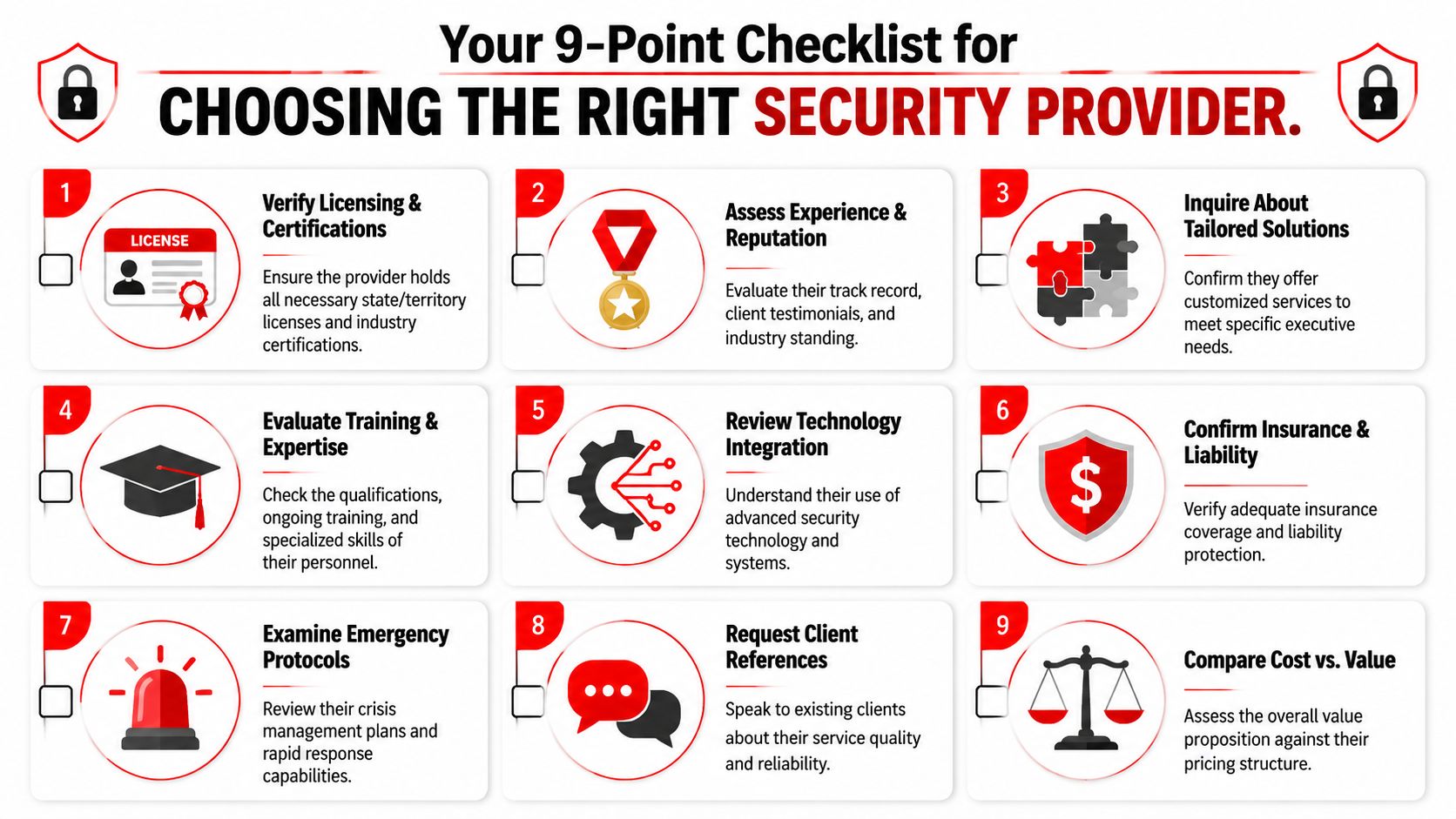 Executive Security Solutions: A Guide to Protecting Your 4 A nine-point checklist infographic for choosing the right professional security service provider for executive protection needs.