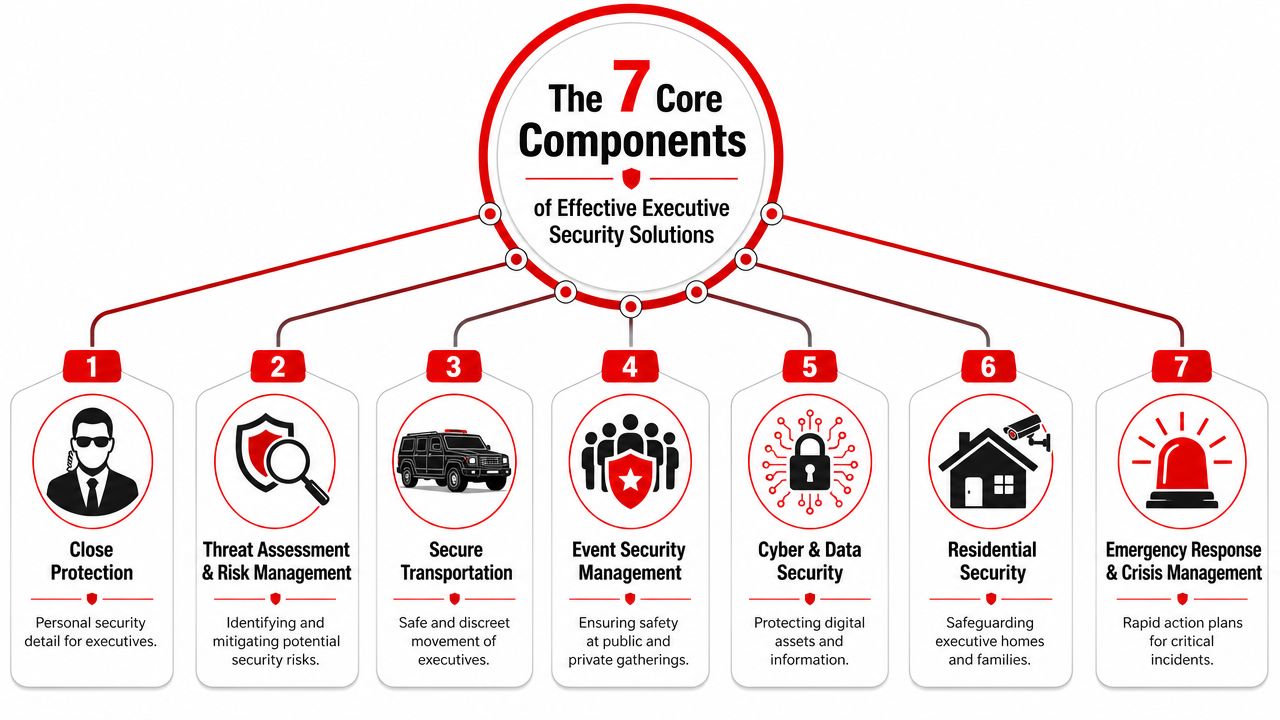 Executive Security Solutions: A Guide to Protecting Your 2 An infographic showing the seven core components of effective executive security solutions for personal and corporate safety.