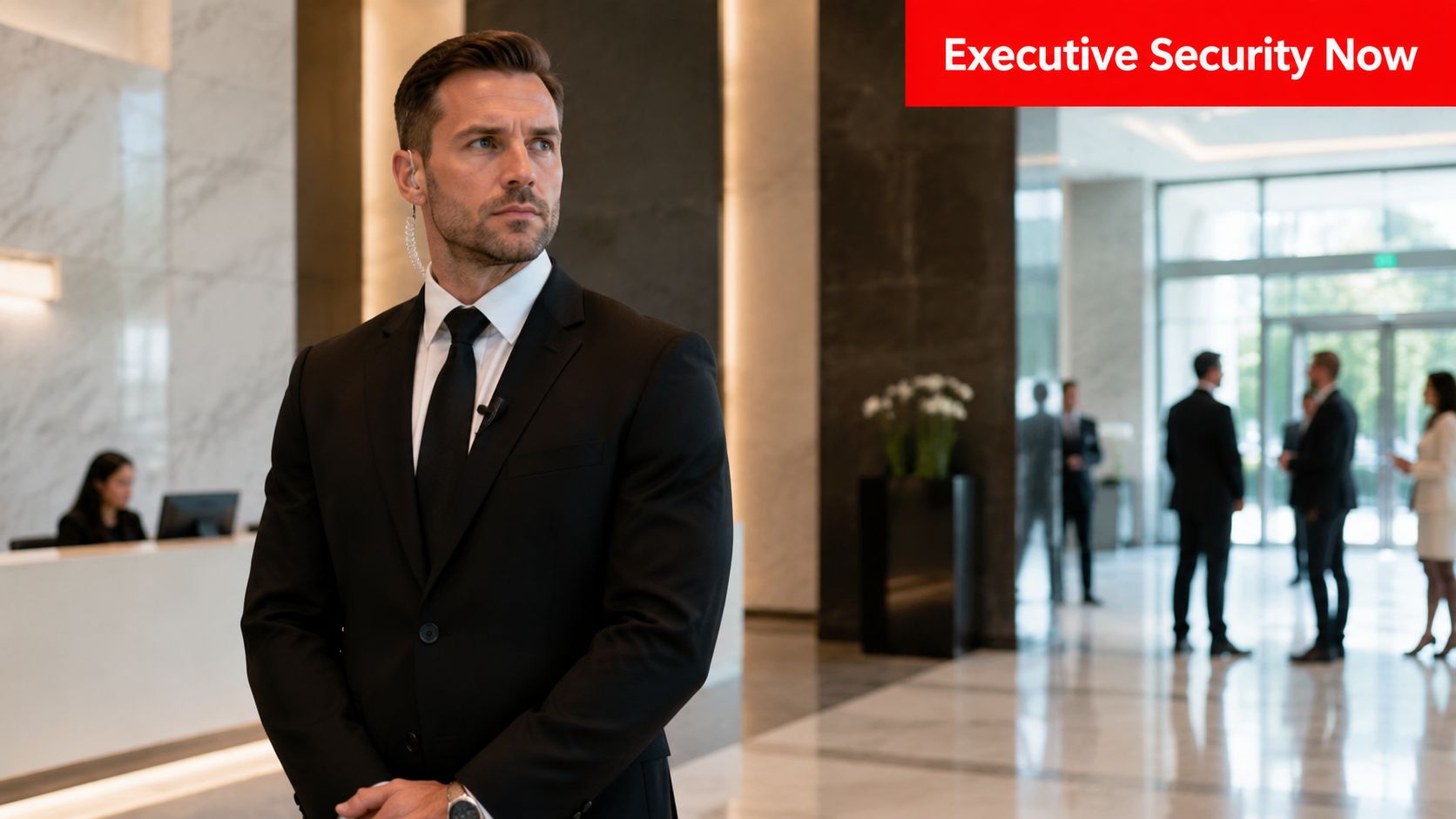 Executive Security Solutions: A Guide to Protecting Your 1 A professional security officer in a suit standing alertly in a modern corporate office building lobby.