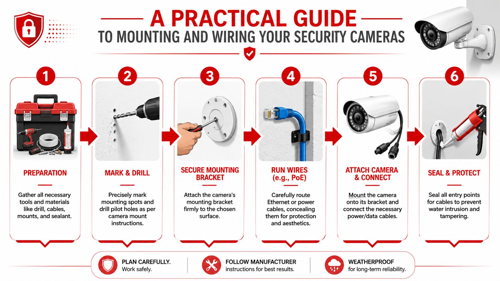 Home Security Cameras Installation: 7 Steps 2026 2 A six-step infographic demonstrating the process of mounting and wiring security cameras for home protection.