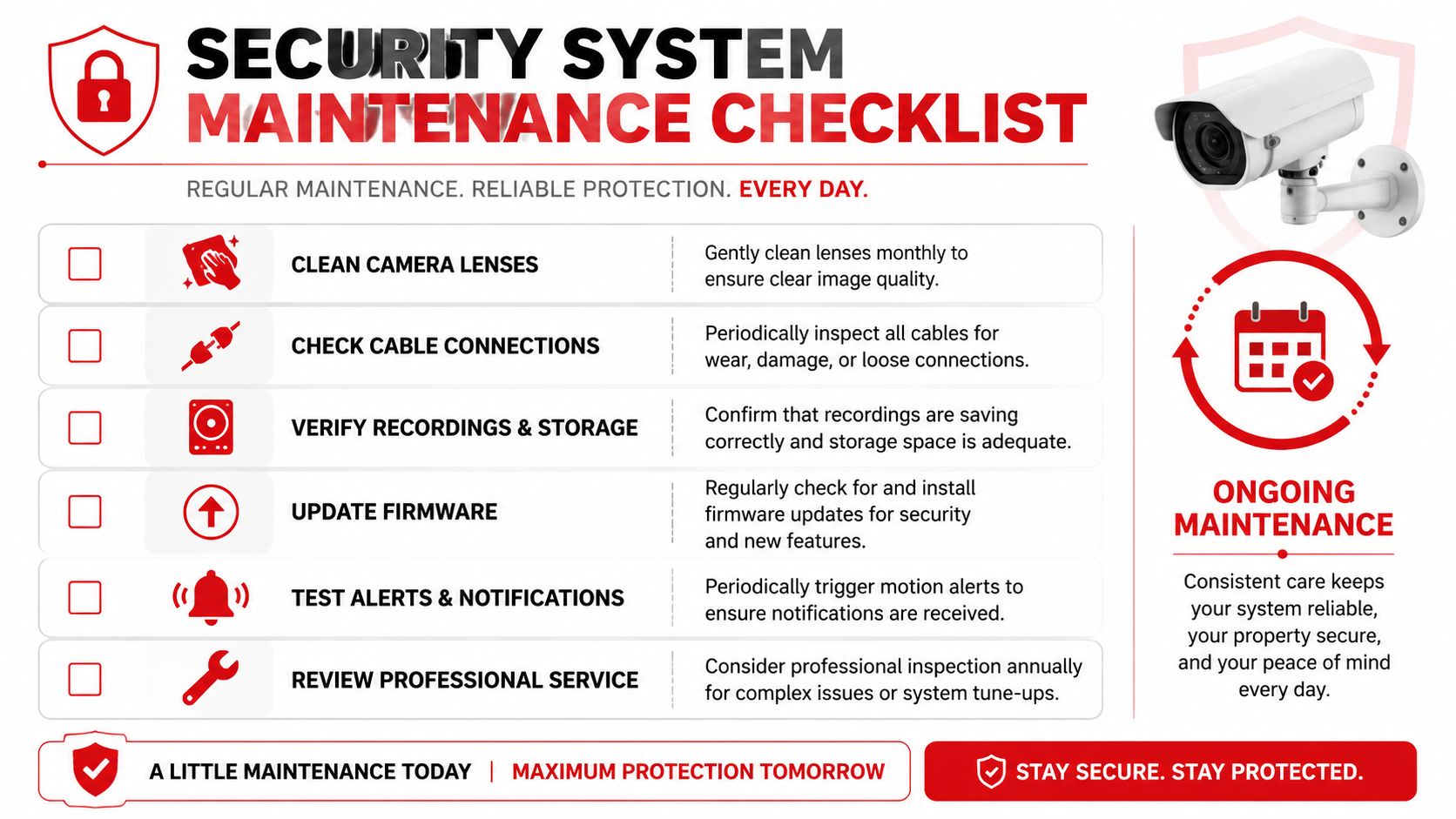 Home Security Cameras Installation: 7 Steps 2026 4 A comprehensive security system maintenance checklist including cleaning lenses, checking cables, and verifying recordings for home protection.