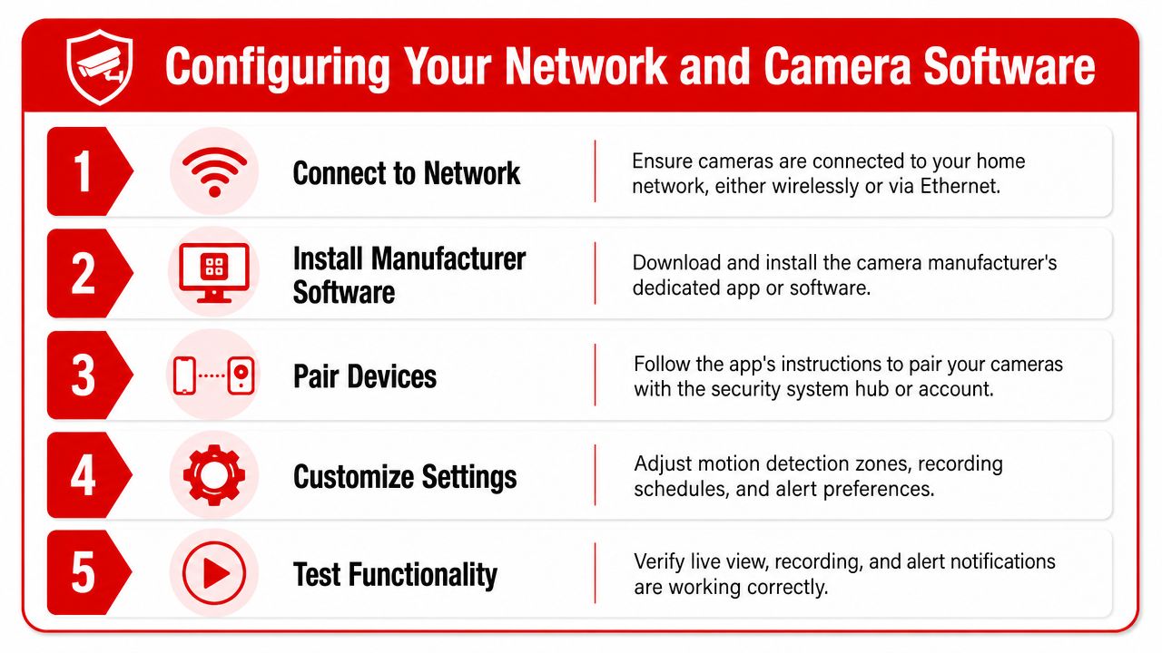 Home Security Cameras Installation: 7 Steps 2026 3 A five-step instructional guide on how to configure your network and security camera software for home systems.