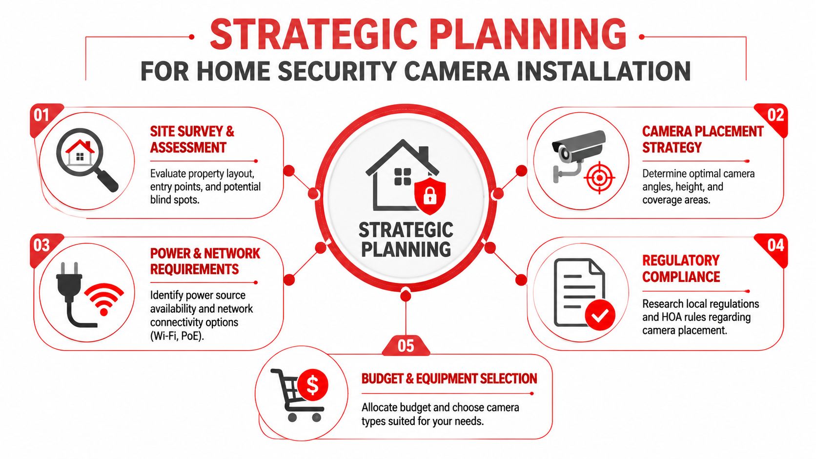 Home Security Cameras Installation: 7 Steps 2026 1 An infographic detailing five strategic steps for planning a successful home security camera installation project.
