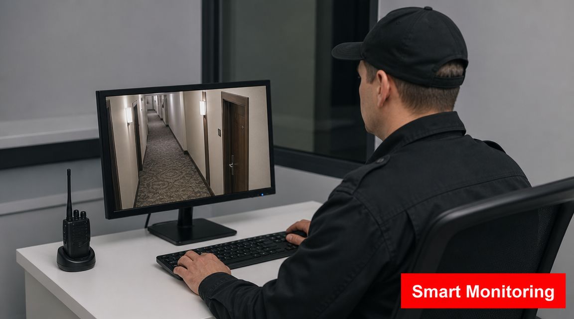 9 Essential Tips for Flawless Hotel Security Management in 2026 3 A security guard monitoring hotel hallway surveillance cameras on a computer screen in a secure office.
