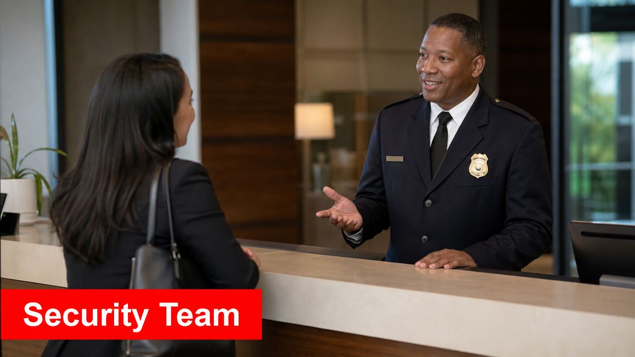 9 Essential Tips for Flawless Hotel Security Management in 2026 2 A professional security officer talking to a woman at a corporate reception desk.