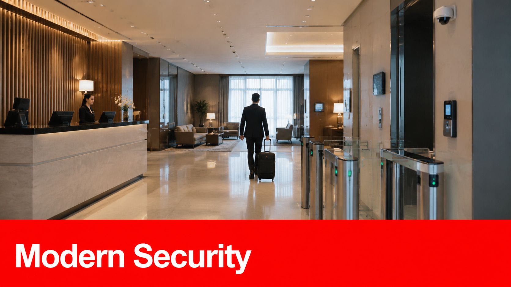 Modern Hotel Security Systems: 7 Crucial 2026 Upgrades 1 A professional man with luggage walking through a modern hotel lobby past secure turnstile gates.