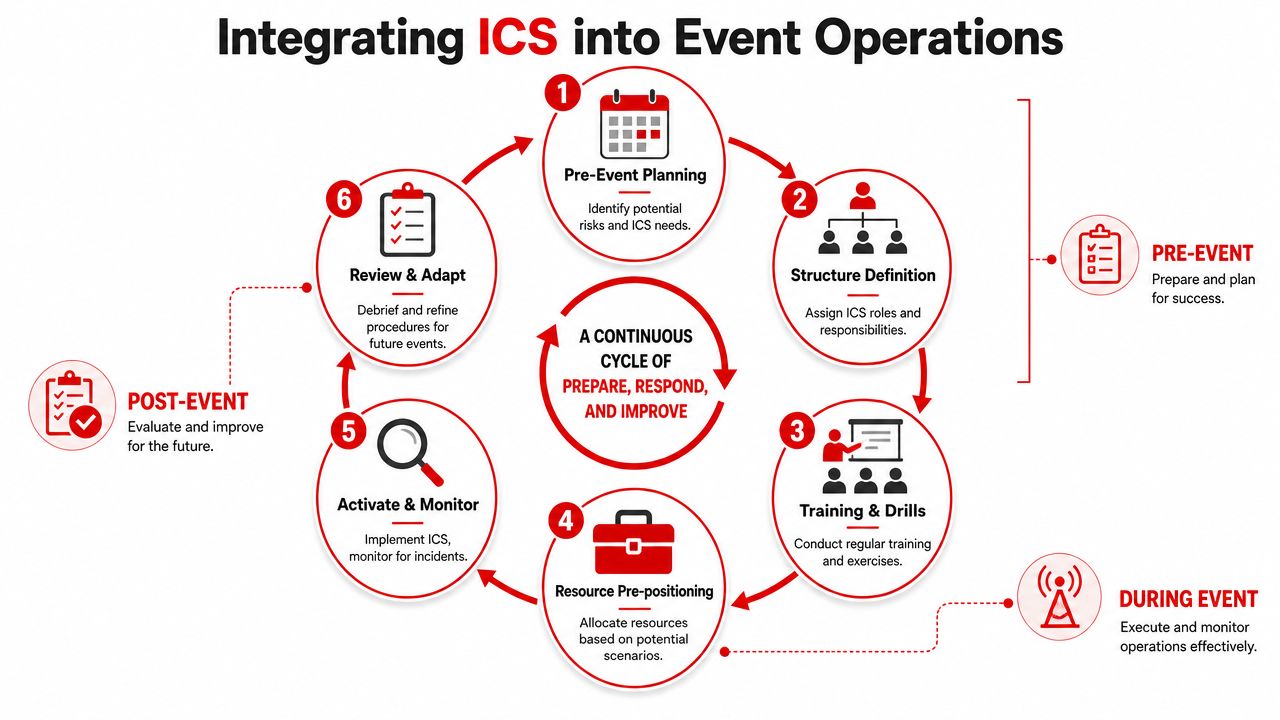 A circular diagram illustrating the continuous cycle of integrating Incident Command System into event operations management processes.