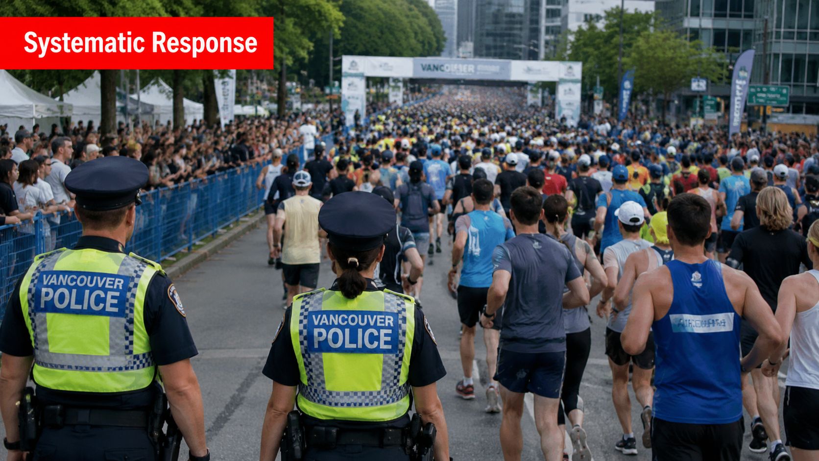 Two Vancouver police officers monitoring a large marathon race event with runners filling a city street.