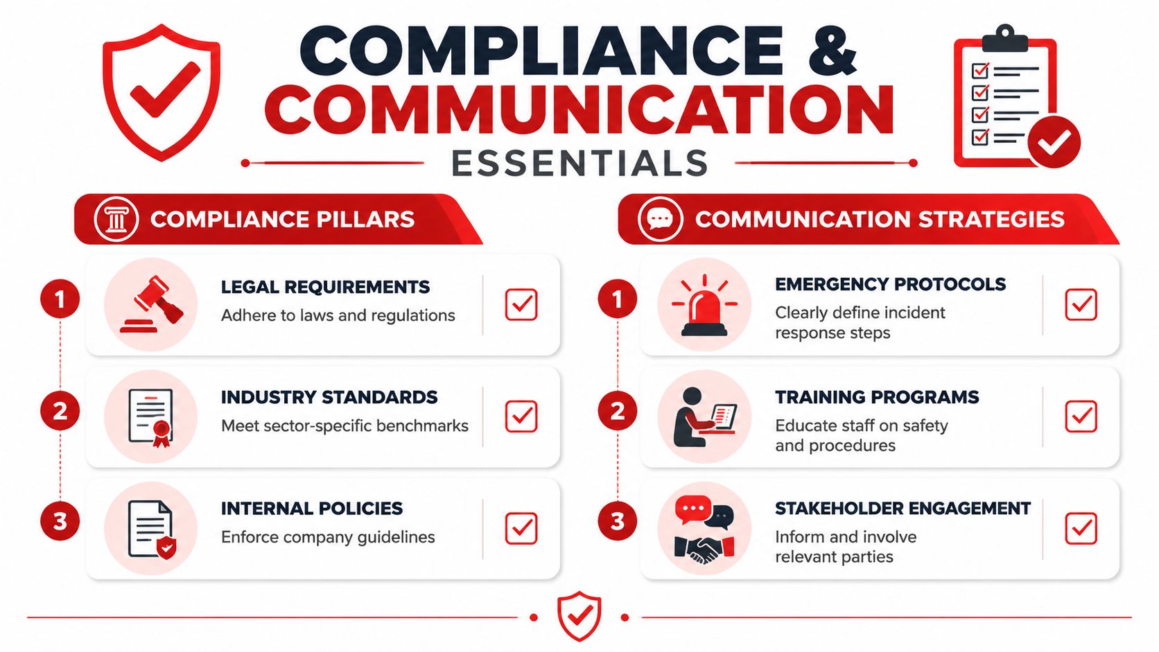Incident Prevention: Your 2026 Guide to Total Safety 3 An infographic titled Compliance and Communication Essentials showing three key compliance pillars and three effective communication strategies.