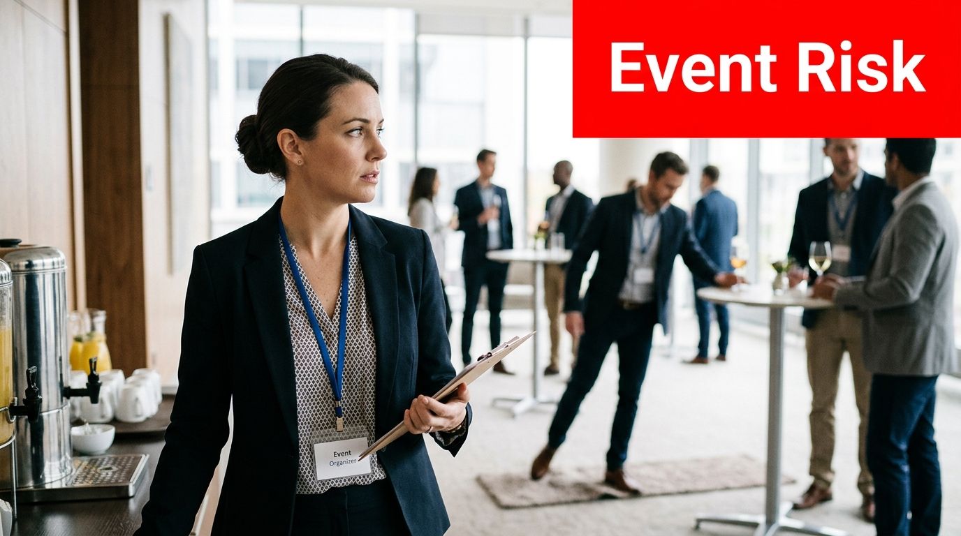 Event Insurance and Liability: 2026 Australian Guide 1 An event organizer holding a clipboard at a corporate networking event with people talking in background.