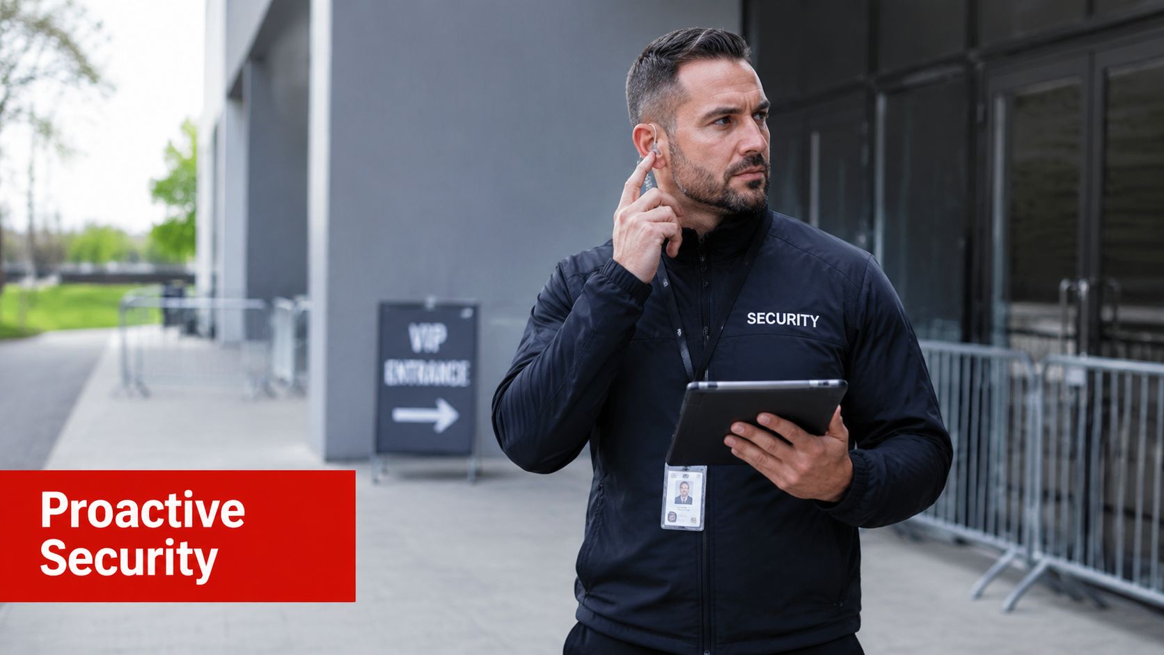 Event Insurance and Liability: 2026 Australian Guide 3 A professional security officer in a black jacket using a tablet and an earpiece for communication.