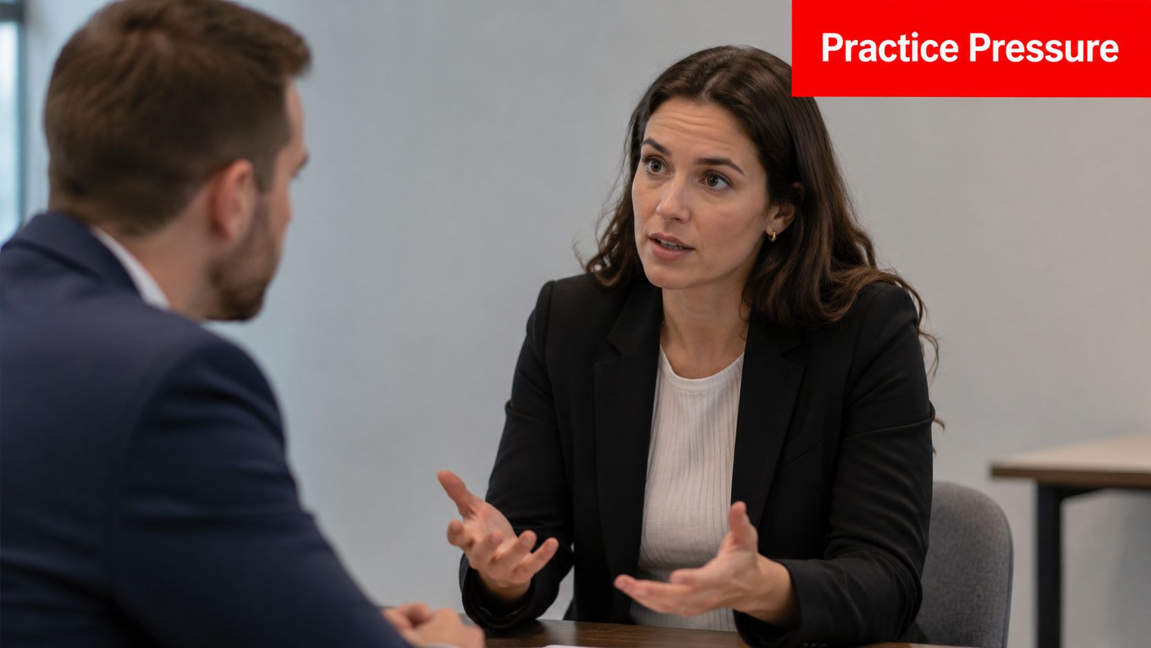 A professional woman in a black blazer discussing ideas with a colleague in a bright office setting.