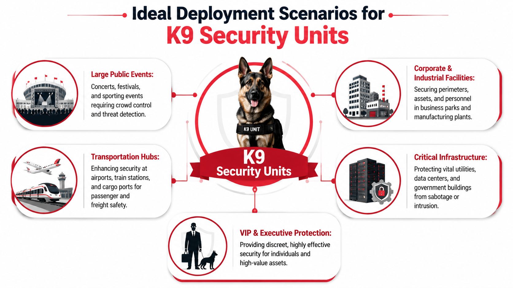 K9 Security Services: Your 2026 Guide to Australian 3 An infographic showing ideal deployment scenarios for K9 security units including public events, transportation, and facilities.