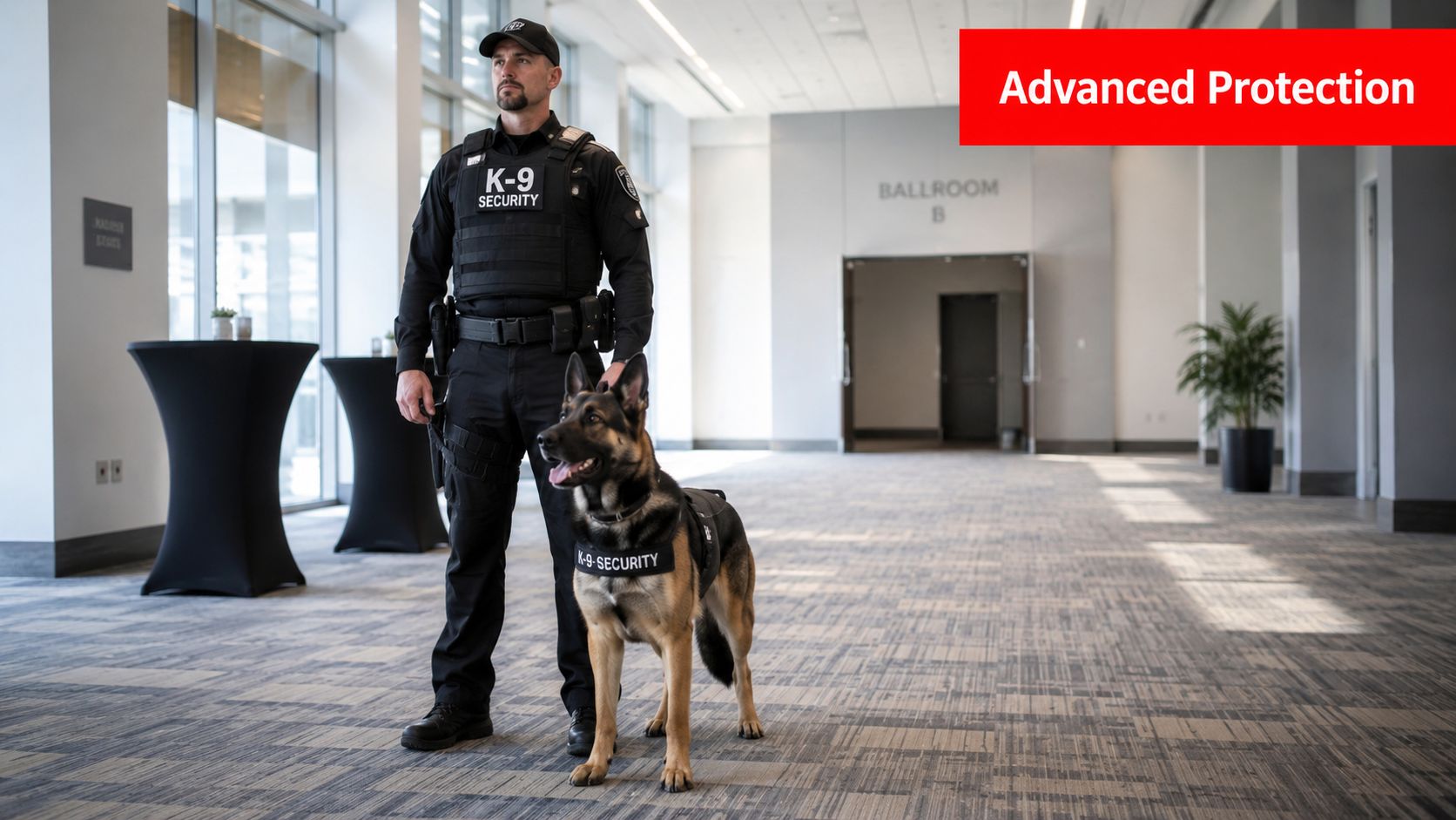 K9 Security Services: Your 2026 Guide to Australian 1 A professional K-9 security guard with a German Shepherd police dog standing inside a convention center.