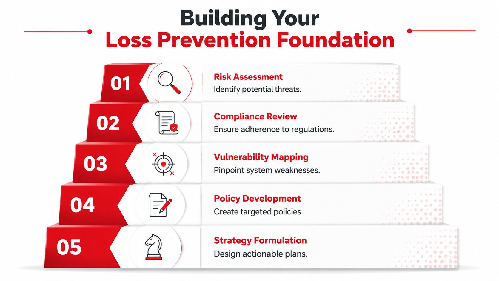 A five-step tiered graphic illustrating a business framework for building effective loss prevention foundation strategies.