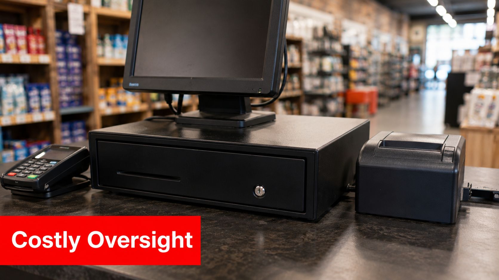 A point-of-sale system with a cash register, credit card terminal, and receipt printer on a counter.