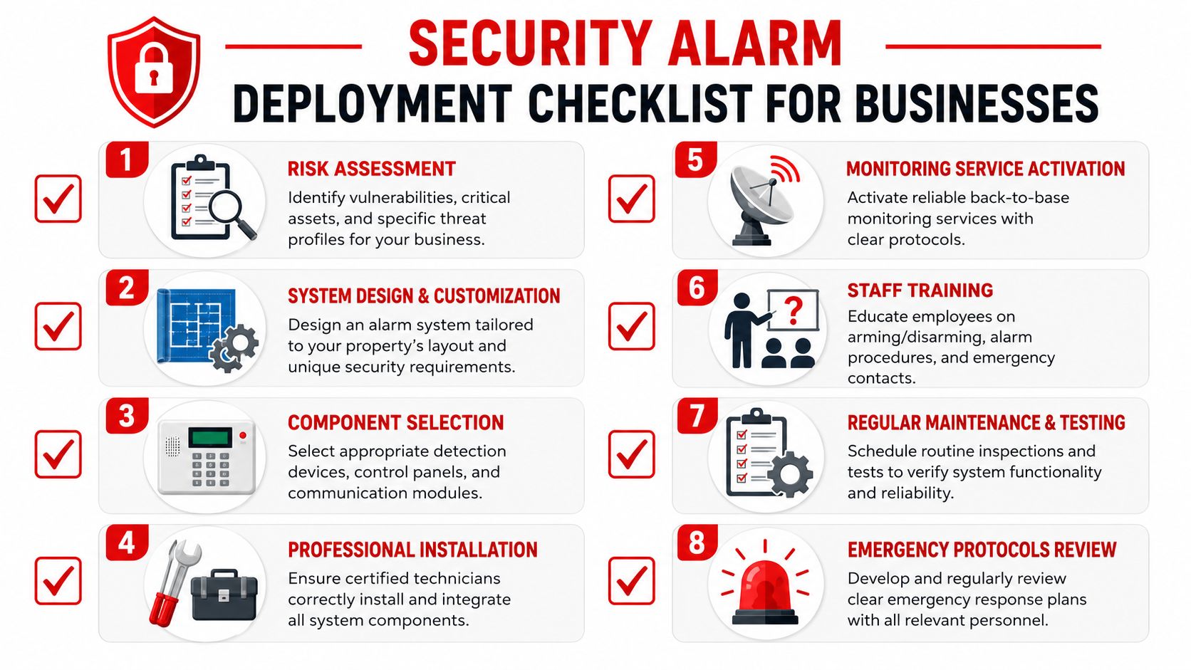 Security Alarms Systems: Your Guide to Australian Business 4 A checklist infographic illustrating eight essential steps for deploying a business security alarm system.