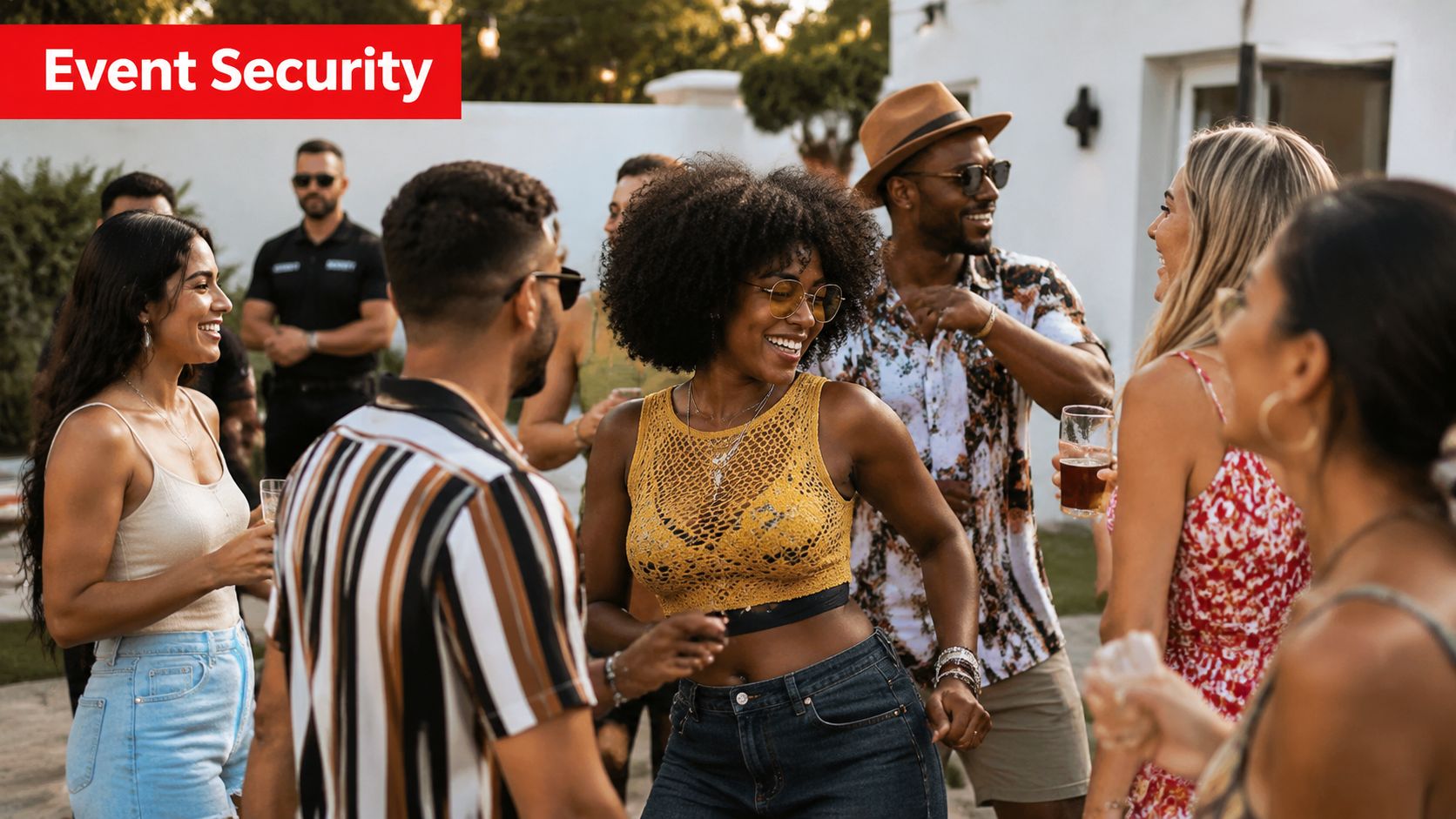 Security for Parties: Your 2026 Event Safety Guide 1 A group of friends laughing and dancing at an outdoor party while security stands in background.
