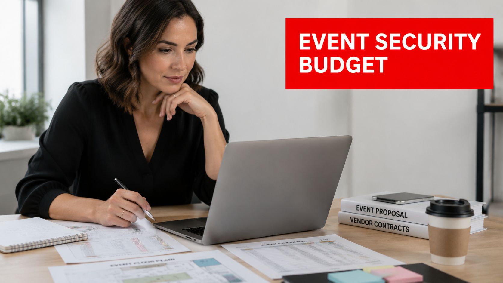 Security for Parties Prices: 7 Unmissable Budgeting Facts 1 A professional event planner reviews documents, a laptop, and vendor contracts to manage event security budget.